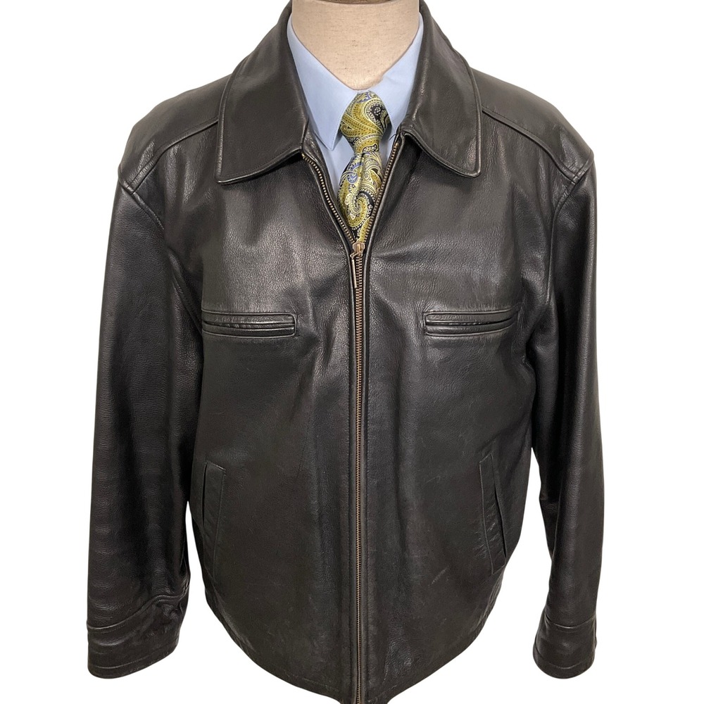 Roundtree & Yorke Leather Jacket Mens Large Black Pebbled Zip Classic Bomber‎